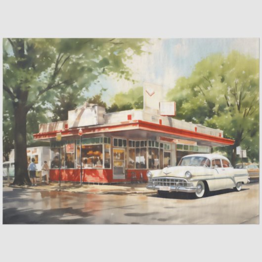1950年代レトロアメリカンダイナー 水彩画 薄葉紙 (正面)