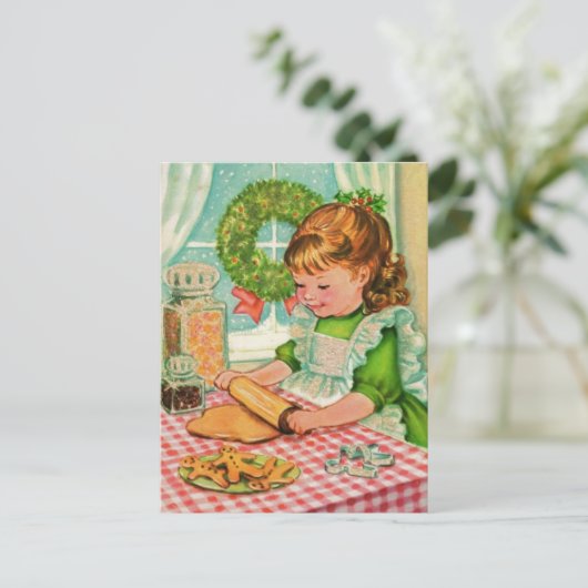 1950年代ヴィンテージクリスマスガールベーキングCookie シーズンポストカード (スタンド正面)