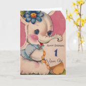 1950年代ヴィンテージ象ハッピーバースデー1歳 カード (黄色い花)