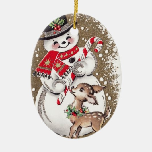 1950年代ヴィンテージ雪だるま、ベビー鹿 セラミックオーナメント (正面)