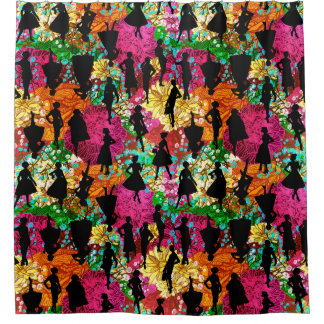 1950年代半ばのブラックフローラシルエット シャワーカーテン