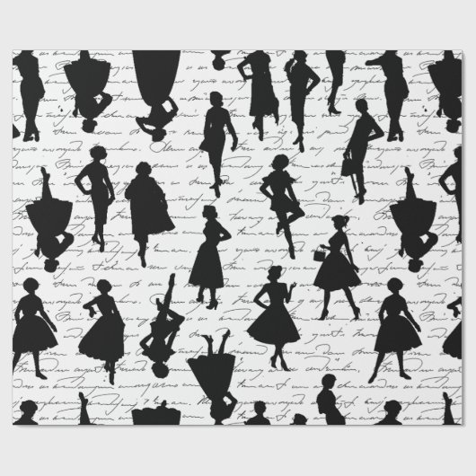 1950年代半ばの白い台本シルエットヴィンテージ ラッピングペーパー (フラット)