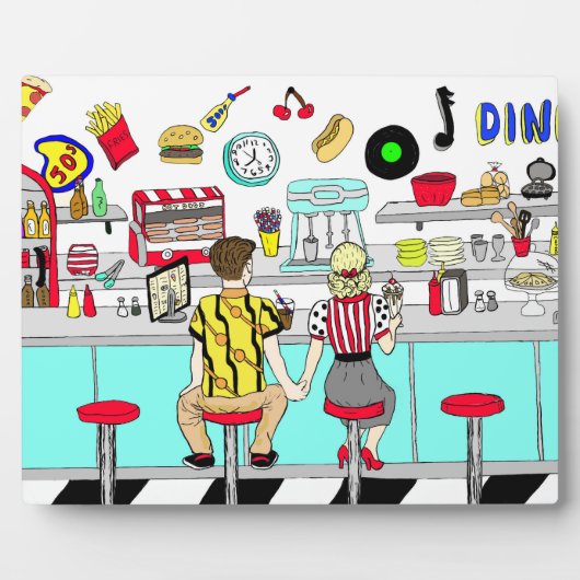 1950年代夫婦がダイナーで手をつなぐ   フォトプラーク (正面)