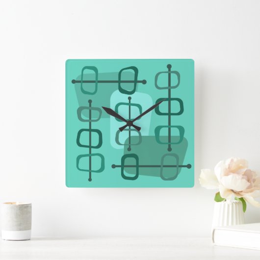 1950年代抽象芸術アートホローロックズターコイズ スクエア壁時計 (ホーム)