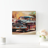 1950年代 ビンテージカー パステル画 スクエア壁時計 (ホーム)