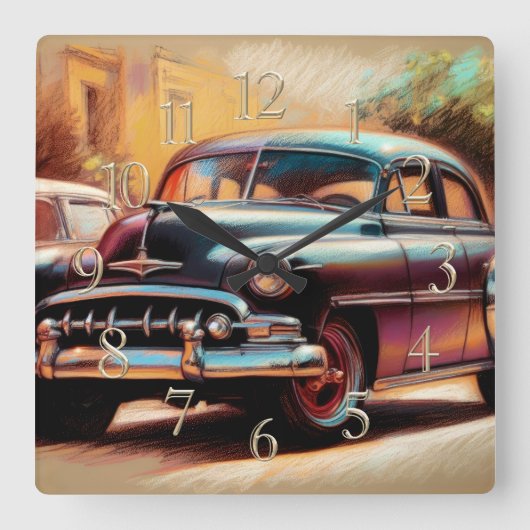 1950年代 ビンテージカー パステル画 スクエア壁時計 (正面)