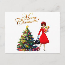 1950年代 ビンテージ レディー クリスマス ギフトショッピング  ポストカード