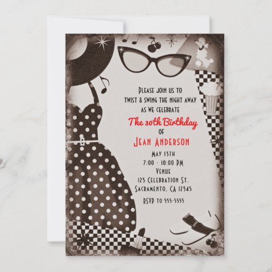 1950年代 レトロ ヴィンテージ 黒 白 ドレスアップ 招待状 (正面)