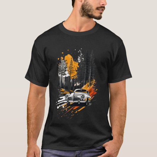 1950年式ゼファー車が森を走る少年 楽しい Tシャツ (正面)