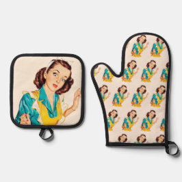 1950 Baking Day Vintage Woman in Apron 鍋つかみ&鍋敷きセット