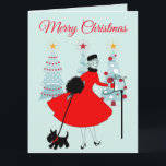 1950 Vintage Christmas Lady with Scotish Terror カード<br><div class="desc">1950年代のクリスマスの様子は、赤いスカートのドレスを着た女性のレトロなアートワークと同じだった。</div>