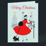 1950 Vintage Christmas Lady with Scotish Terror カード<br><div class="desc">1950年代のクリスマスの様子は、赤いスカートのドレスを着た女性のレトロなアートワークと同じだった。</div>
