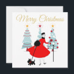 1950 Vintage Christmas Lady with Scotish Terror カード<br><div class="desc">1950年代のクリスマスの様子は、赤いスカートのドレスを着た女性のレトロなアートワークと同じだった。</div>