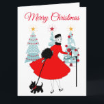 1950 Vintage Christmas Lady with Scotish Terror カード<br><div class="desc">1950年代のクリスマスの様子は、赤いスカートのドレスを着た女性のレトロなアートワークと同じだった。</div>