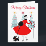 1950 Vintage Christmas Lady with Scotish Terror カード<br><div class="desc">1950年代のクリスマスの様子は、赤いスカートのドレスを着た女性のレトロなアートワークと同じだった。</div>