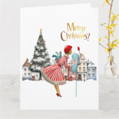 1950 Vintage Lady Posting Merry Christmas  カード (黄色い花)