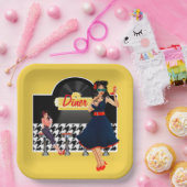 1950sダイナーイエローブラック&ホワイト市松模様に ペーパープレート (パーティー)