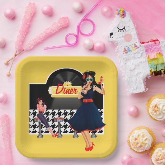 1950sダイナーイエローブラック&ホワイト市松模様に ペーパープレート (パーティー)