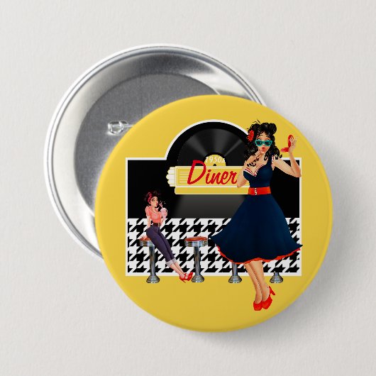 1950sダイナーイエローブラック&ホワイト市松模様に 缶バッジ (正面&裏面)