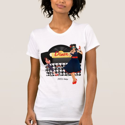 1950sダイナーイエローブラック&ホワイト市松模様に tシャツ (正面)