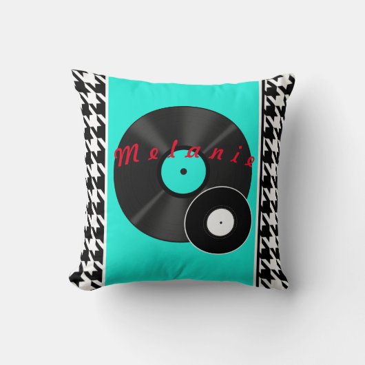 1950sダイナーティール（緑がかった色）ブラック&ホワイト市松模様にレトロ クッション (正面)