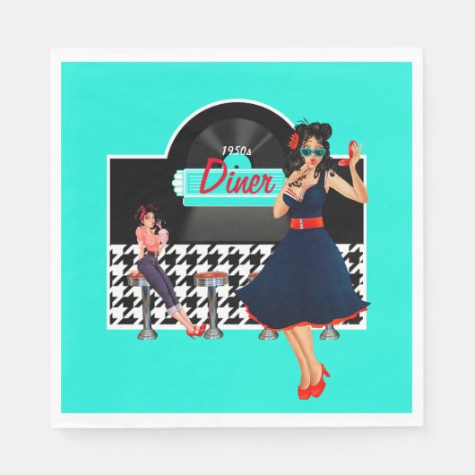 1950sダイナーティール(緑がかった色)ブラック&ホワイト市松模様にレトロ スタンダードランチョンナプキン (正面)