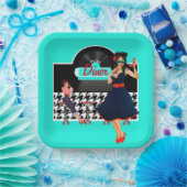 1950sダイナーティール(緑がかった色)ブラック&ホワイト市松模様にレトロ ペーパープレート (パーティー)