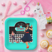 1950sダイナーティール(緑がかった色)ブラック&ホワイト市松模様にレトロ ペーパープレート (パーティー)