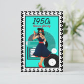 1950sダイナーティール(緑がかった色)ブラック&ホワイト市松模様にレトロ 出欠カード (スタンド正面)