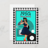 1950sダイナーティール(緑がかった色)ブラック&ホワイト市松模様にレトロ 出欠カード (正面/裏面)