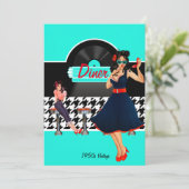 1950sダイナーティール(緑がかった色)ブラック&ホワイト市松模様にレトロ 招待状 (スタンド正面)