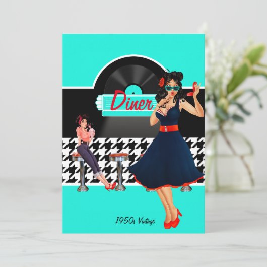 1950sダイナーティール(緑がかった色)ブラック&ホワイト市松模様にレトロ 招待状 (スタンド正面)