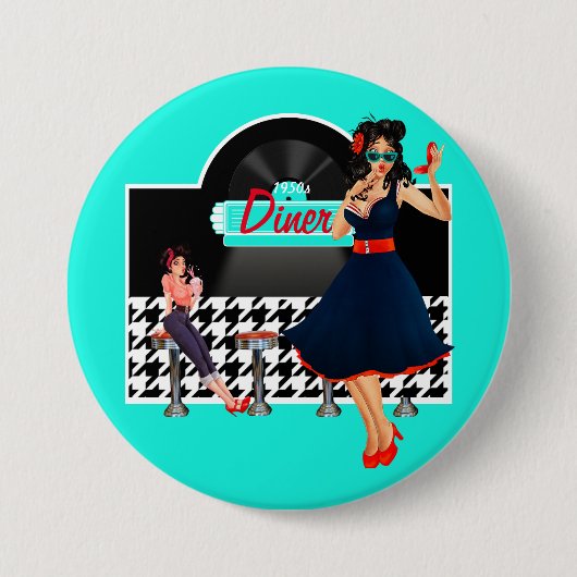 1950sダイナーティール(緑がかった色)ブラック&ホワイト市松模様にレトロ 缶バッジ (正面)