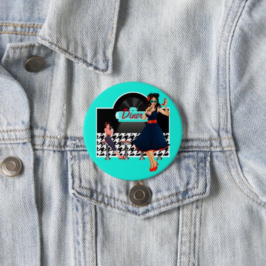 1950sダイナーティール（緑がかった色）ブラック&ホワイト市松模様にレトロ 缶バッジ (インサイチュ)