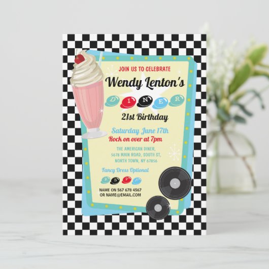 1950sダイナー誕生日ミルクシェイクフィティーズ招待状 招待状 (スタンド正面)