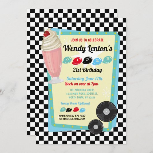 1950sダイナー誕生日ミルクシェイクフィティーズ招待状 招待状 (正面/裏面)
