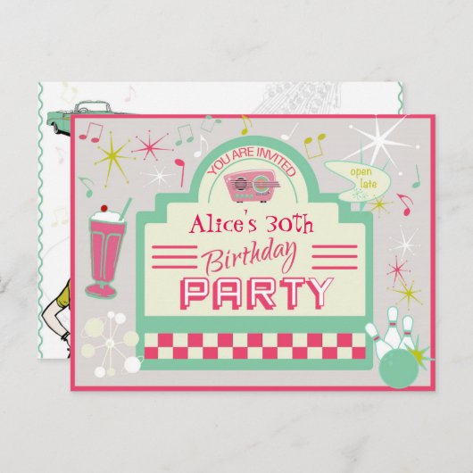 1950sパーティの招待状はがき インビテーションポストカード (正面/裏面)