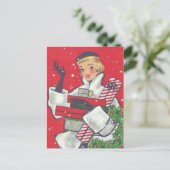 1950sレトロクリスマスショッピングガールヴィンテージ シーズンポストカード (スタンド正面)