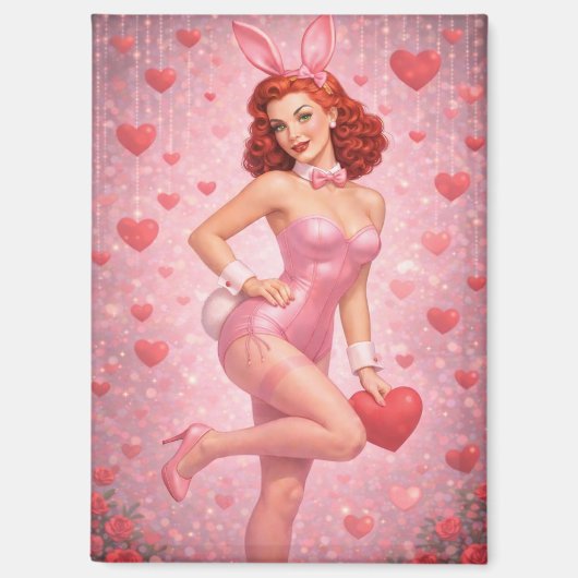 1950s Inspired Pink Bunny Art | Playful Valentine  マグネット (正面)