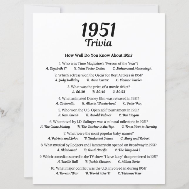 1951トリビアゲーム | 第74回誕生日パーティーゲーム (正面)