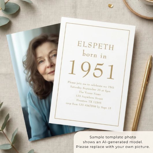 1951年生まれ ゴールドテキスト 写真 75歳の誕生日パーティー 招待状