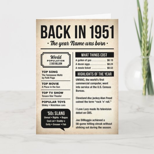 1951 Back in the Day, Fun Facts, 75th Birthday カード (正面)