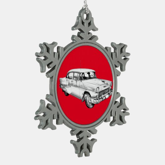 1955シボレーベルエアアンティークカーイラストレーション スノーフレークピューターオーナメント (左)