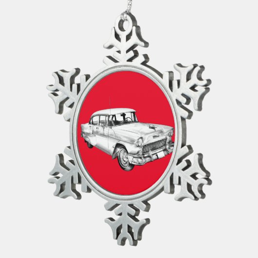 1955シボレーベルエアアンティークカーイラストレーション スノーフレークピューターオーナメント (右)