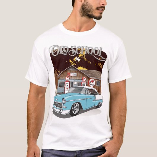 1955スカイラインブルーシェブベルエアオールドスクールプリント Tシャツ (正面)