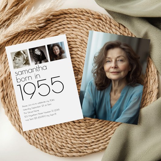 1955年生まれ 現代風 4枚の写真 70歳の誕生日パーティー 招待状