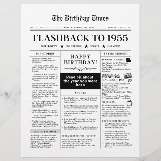 1955年誕生の模造新聞(白黒) (正面)