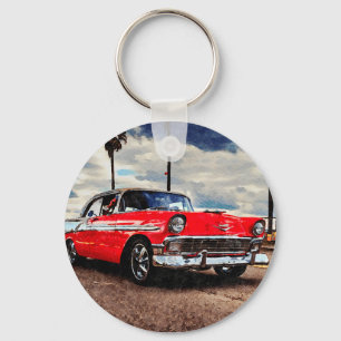 1956年の水彩アートChevrolet Bel Air キーホルダー