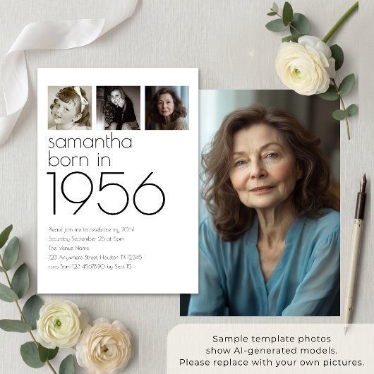 1956年生まれ モダン 70歳の誕生日パーティー 4枚の写真 招待状