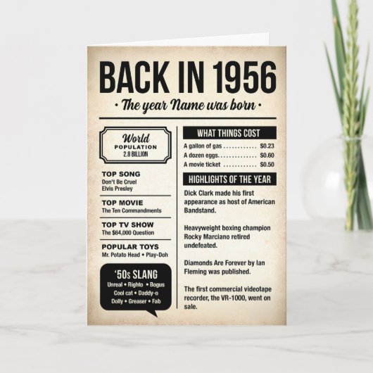 1956 Back in the Day, Fun Facts, 70th Birthday カード (正面)